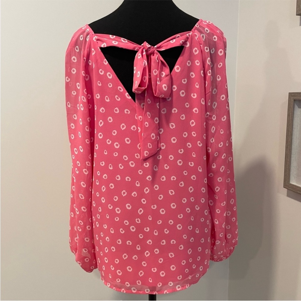 Never Worn! Nine West Pink & White Polka Dot Blouse With Bow & Sheer Sleeves